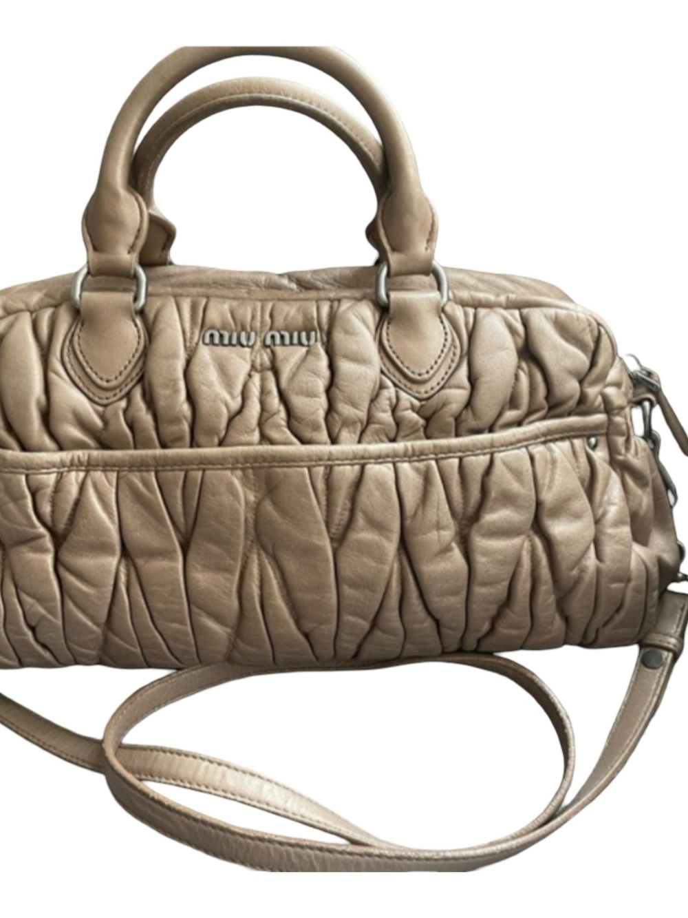 Miu Miu Matelasse Taupe Quilted Ruched Leather Satchel Shoulder Bag Purse Soft - Picture 2 of 16